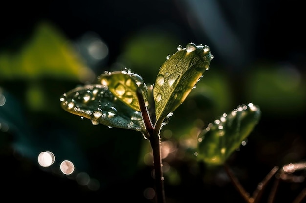 Planta joven con gotas de agua creada con IA generativa