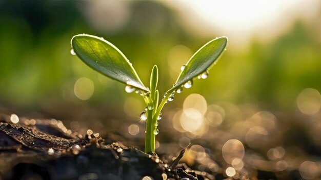 Una planta joven con gotas de agua en sus hojas.