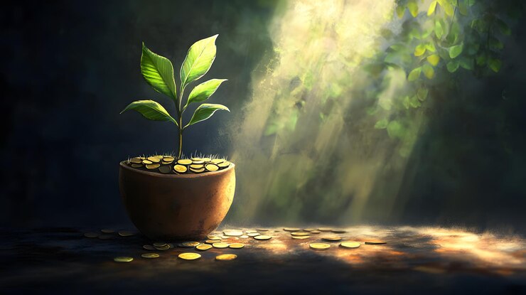 Una planta joven que brota de una olla de monedas de oro