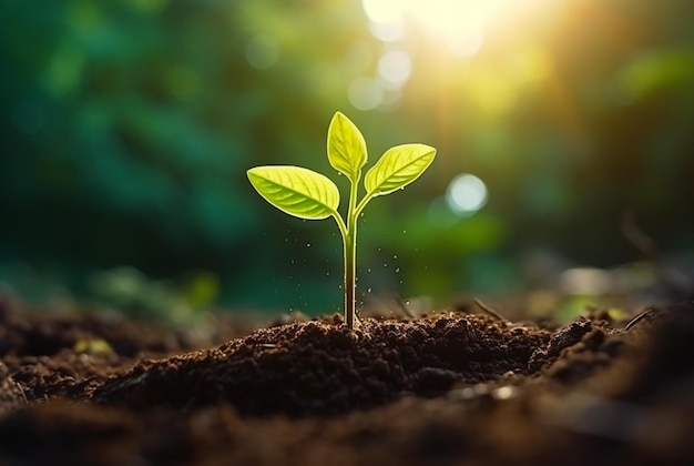 planta joven que crece en el jardín con luz solar generativa ai