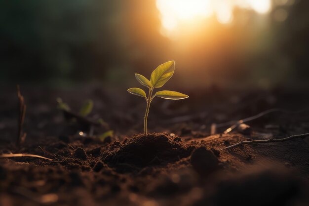 planta joven que crece a partir de semillas en el suelo en el parque al amanecer IA generada