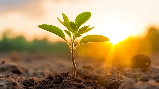 Foto planta joven que crece en el suelo planta verde fresca ai generada