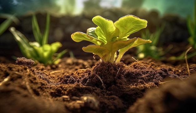 una planta de lechuga crece en el suelo