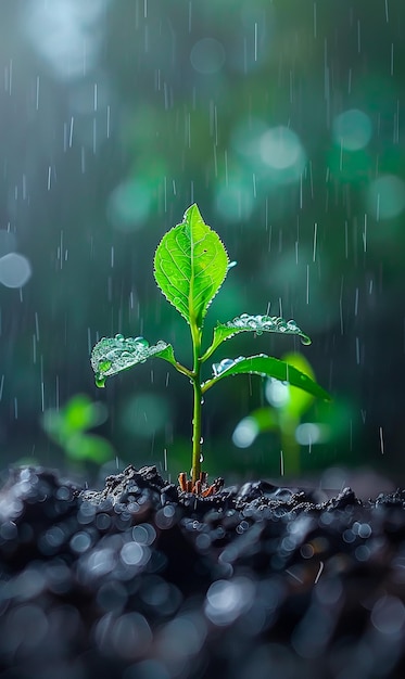 una planta en la lluvia