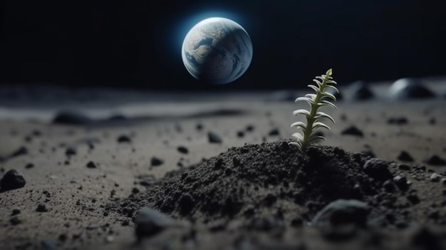 Foto una planta en la luna con la tierra al fondo