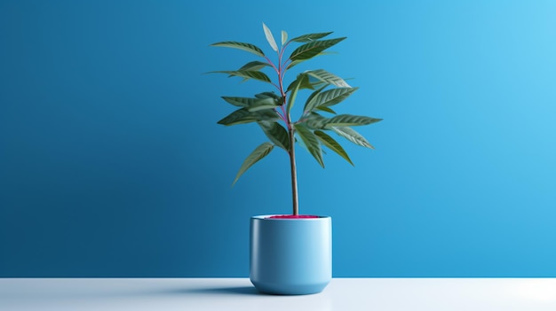 Una planta en una maceta azul sobre una mesa azul contra un fondo azul.