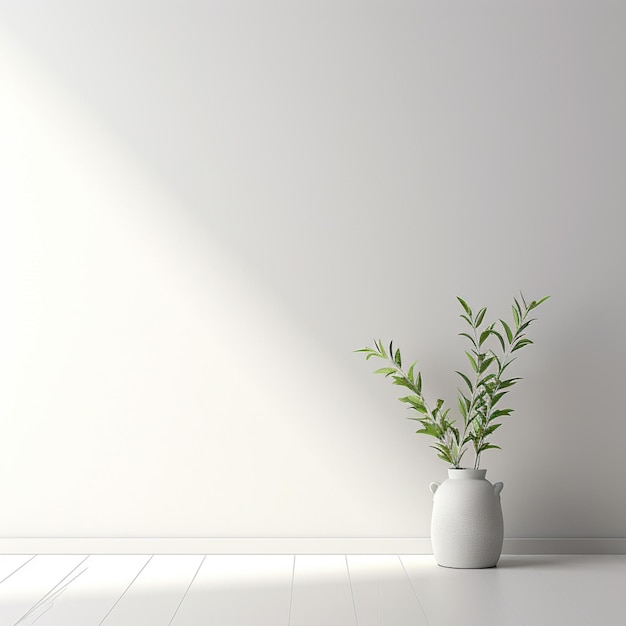 una planta en una maceta blanca está frente a una pared blanca