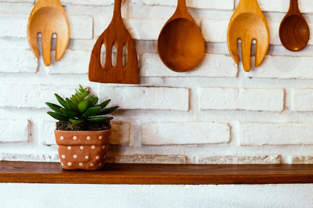 Foto planta en maceta contra los utensilios de cocina en el hogar