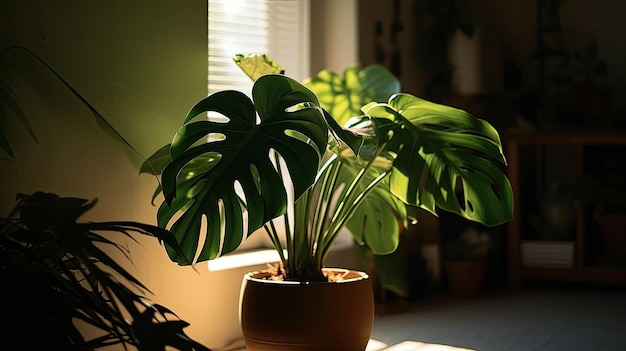 Una planta en una maceta está iluminada por una ventana.