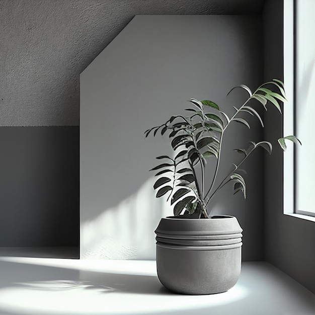 Una planta en una maceta está sentada en el alféizar de una ventana.