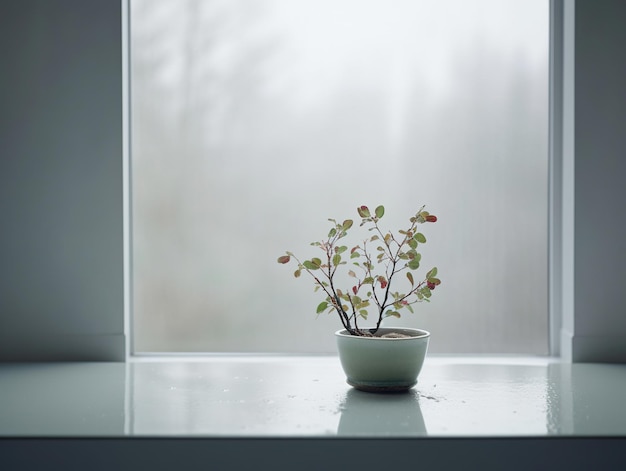 Una planta en una maceta está sentada en el alféizar de una ventana.