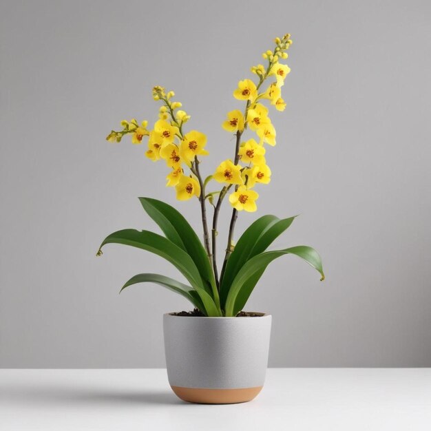 una planta en maceta con flores amarillas en una mesa blanca