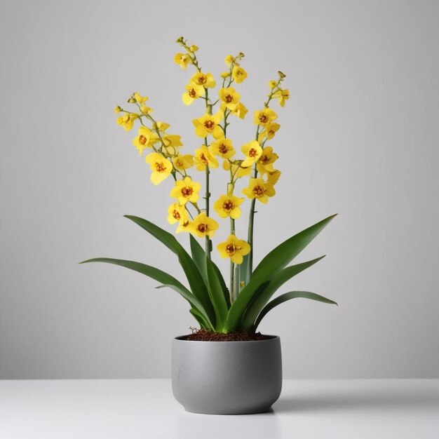 una planta en maceta con flores amarillas en una mesa