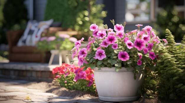 Una planta en maceta con flores rosadas en un patio