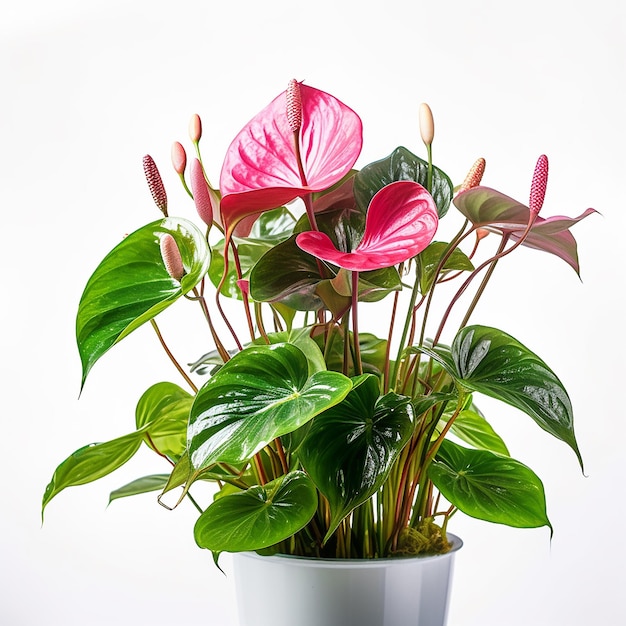 Una planta en maceta con flores rosas y hojas verdes.