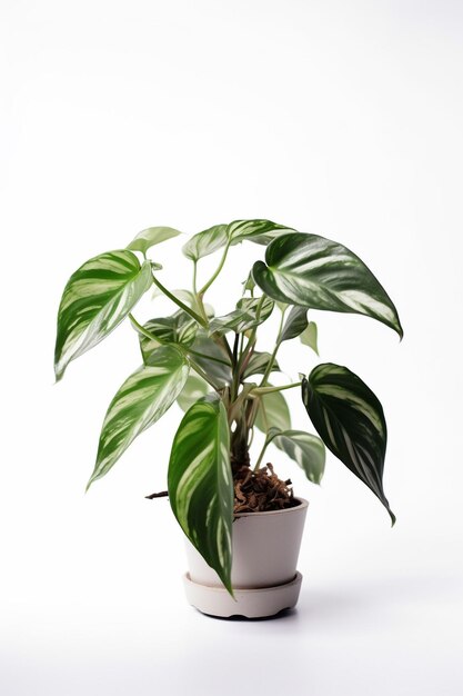 Una planta en una maceta con un fondo blanco.