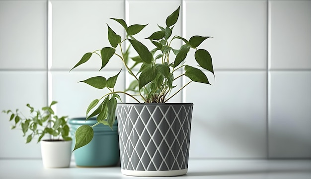 Una planta en una maceta con un fondo blanco.