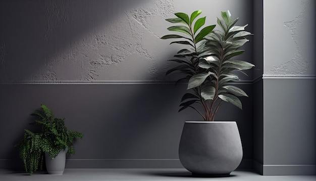 Una planta en una maceta en una habitación oscura con luz en la pared.