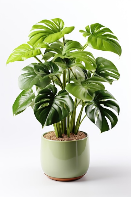 Una planta en maceta con hojas verdes sobre un fondo blanco Un clipart realista sobre fondo blanco Monstruo