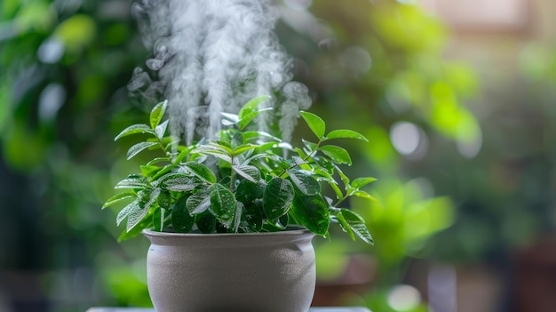 Planta en maceta de interior con hojas verdes exuberantes y vapor de agua visible en un entorno de jardín sereno