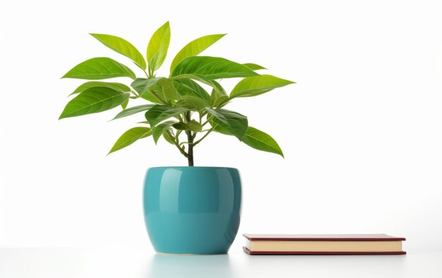 Foto planta en maceta junto al libro en la mesa