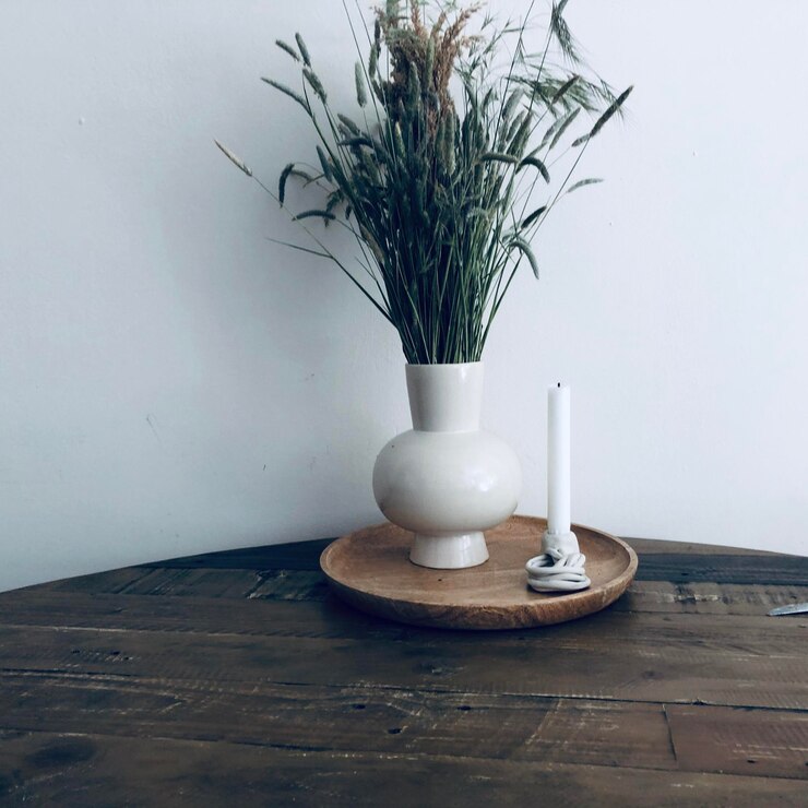 Foto planta en maceta en la mesa contra la pared blanca