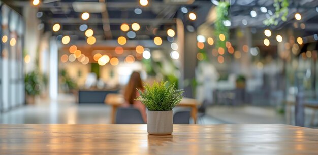 Planta en maceta en una mesa de madera en la oficina