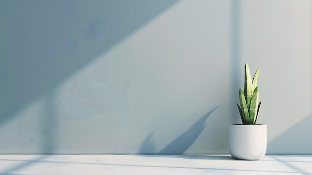 Planta en maceta en una mesa mínima con sombras suaves y luz natural