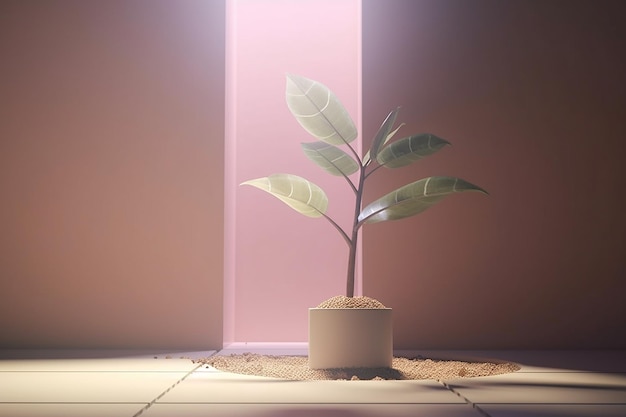 Una planta en una maceta con una pared rosa detrás