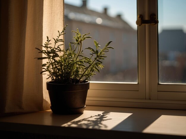 Planta de maceta en primer plano en el alféizar de la ventana