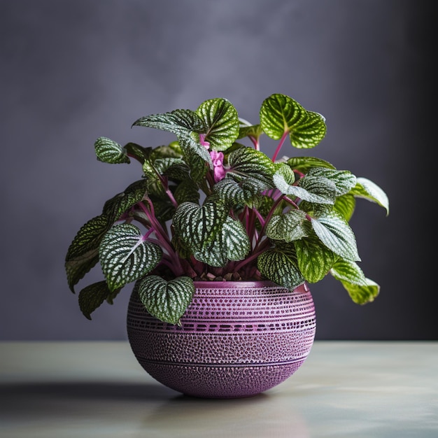 planta de maceta púrpura con hojas verdes en una mesa contra un fondo oscuro generativo ai