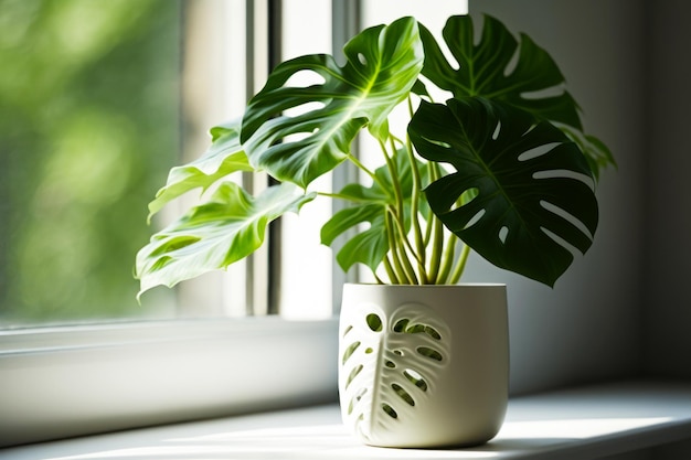 Planta en maceta sentada en el alféizar de la ventana junto a la ventana IA generativa