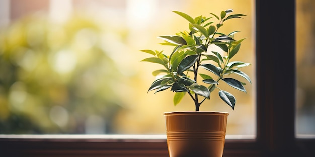 Una planta en maceta sentada en un umbral de la ventana frente a una ventana