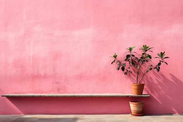 Una planta en maceta se sienta en una pared rosa al lado de una pared rosa.