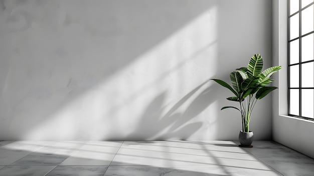 una planta en maceta se sienta en un piso de azulejos frente a una pared blanca