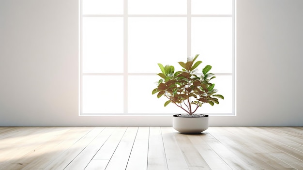 Una planta en maceta se sienta en un piso de madera frente a una ventana grande.