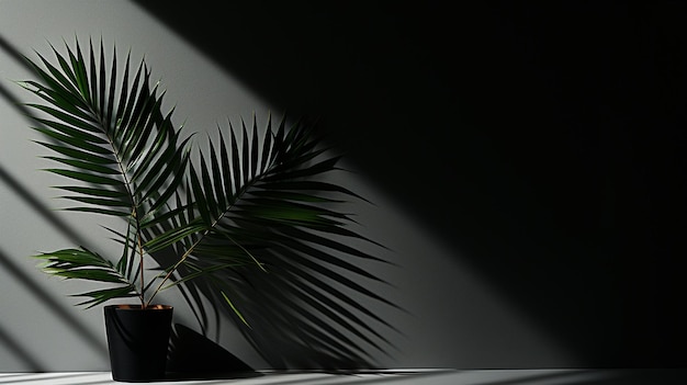 Una planta en una maceta se sienta sobre una mesa con un fondo negro.