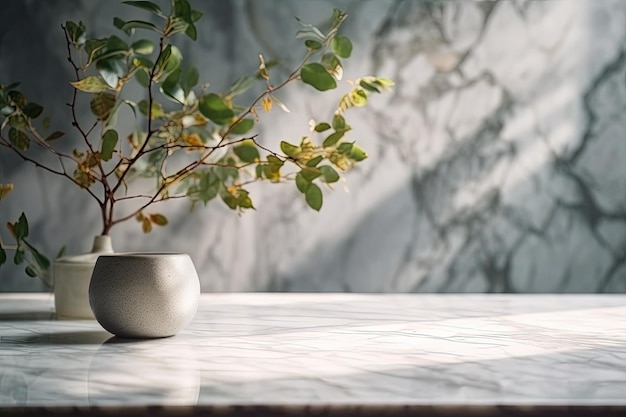 Planta en maceta sobre una mesa de madera con la luz del sol entrando por una ventana cercana creada con tecnología de IA generativa