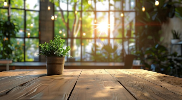 Planta en maceta sobre una mesa de madera