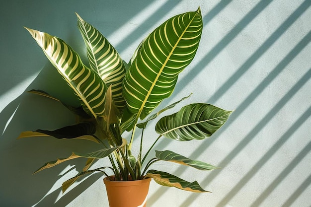 una planta en una maceta con el sol brillando a través de las persianas.