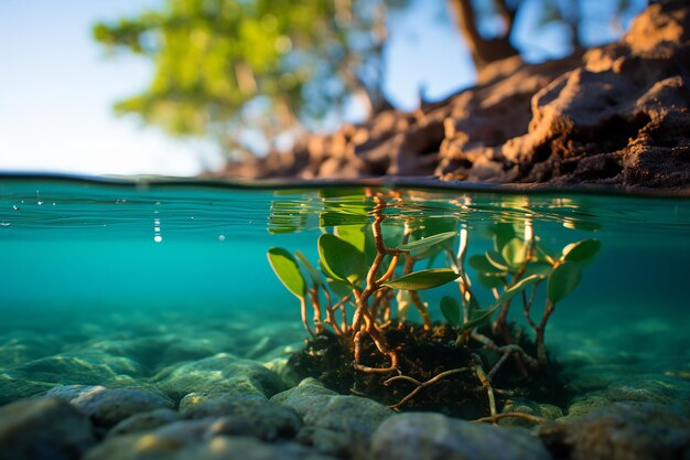 Foto planta de manglar que crece bajo el agua.