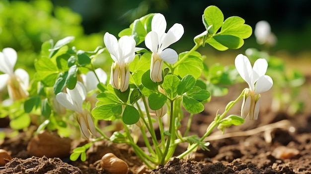 La planta de maní prospera adornada con delicadas flores blancas AI Generado