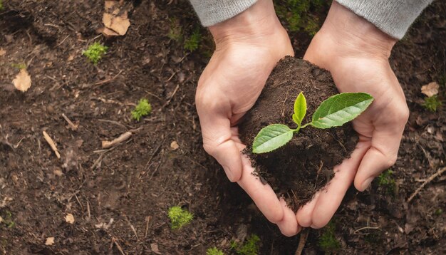 Planta con la mano en el suelo que simboliza el cuidado ecológico Concepto de conservación del bosque con la naturaleza