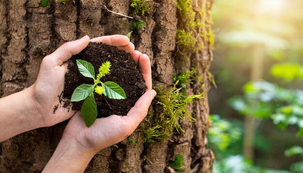 Planta con la mano en el suelo que simboliza el cuidado ecológico Concepto de conservación del bosque con la naturaleza