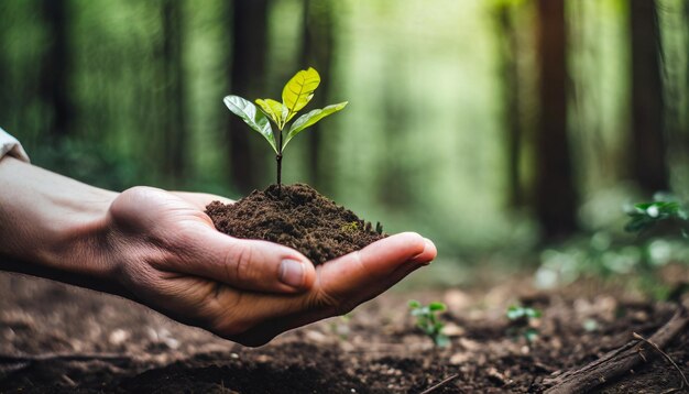 Planta con la mano en el suelo que simboliza el cuidado ecológico Concepto de conservación del bosque con la naturaleza