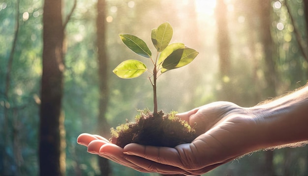 Planta con la mano en el suelo que simboliza el cuidado ecológico Concepto de conservación del bosque con la naturaleza