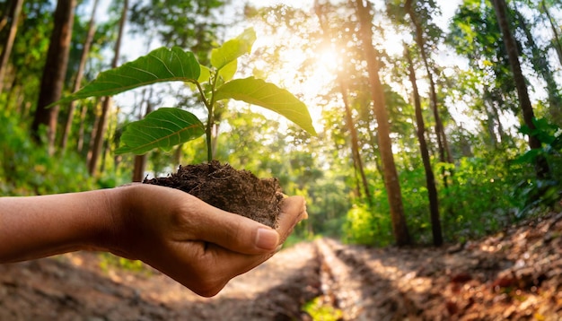 Planta con la mano en el suelo que simboliza el cuidado ecológico Concepto de conservación del bosque con la naturaleza