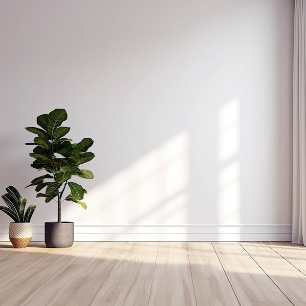 Planta de maqueta de pared blanca y piso de madera.