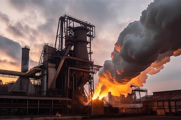 Planta metalúrgica com chamas e fumaça visíveis do forno de fundição