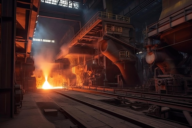 Planta metalúrgica com trabalhadores carregando matérias-primas no forno e produzindo metal fundido